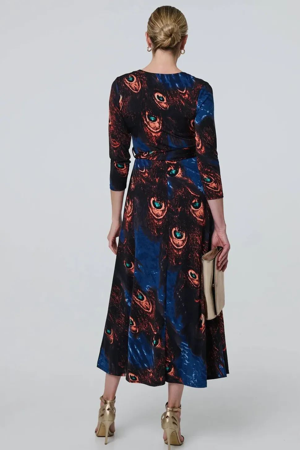 Peacock Print 3/4 Sleeve Wrap Maxi Dress