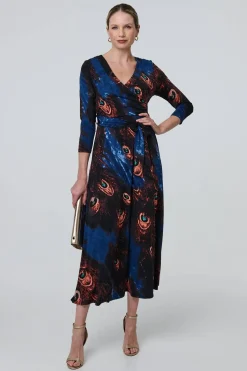 Peacock Print 3/4 Sleeve Wrap Maxi Dress