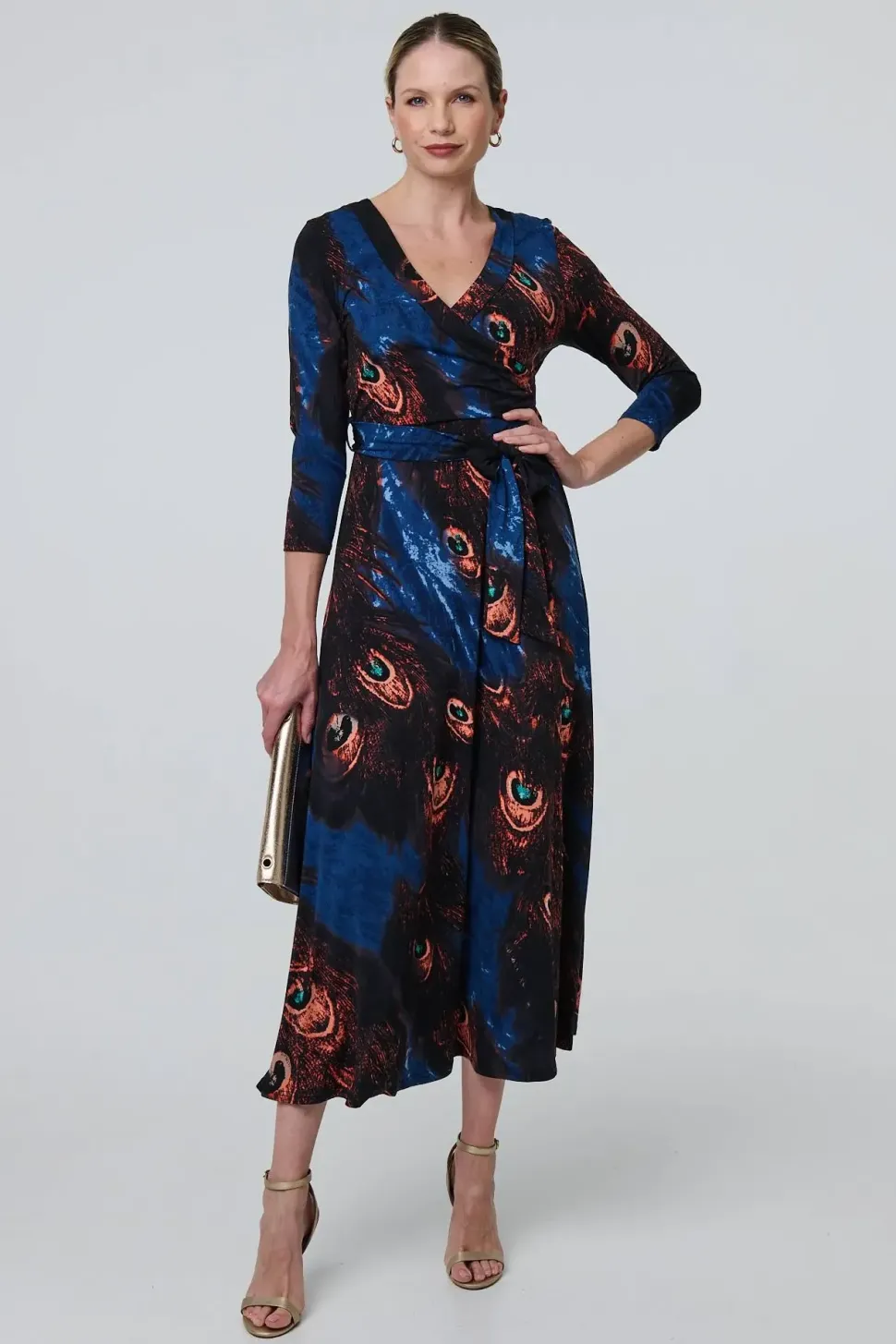 Peacock Print 3/4 Sleeve Wrap Maxi Dress