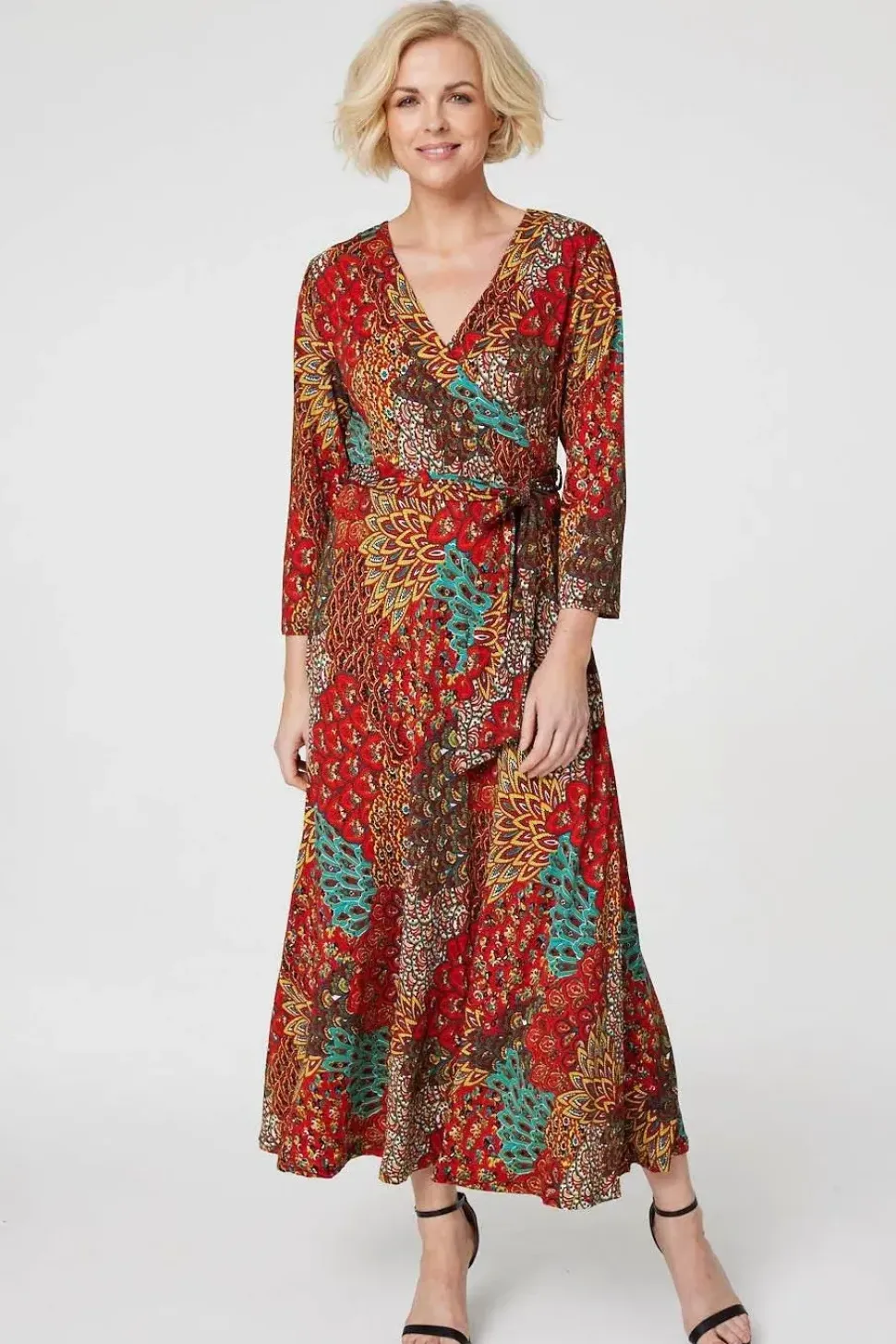 Peacock Print Wrap Maxi Dress