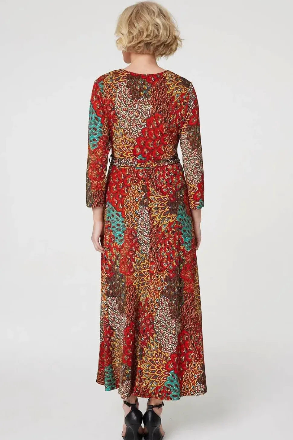 Peacock Print Wrap Maxi Dress