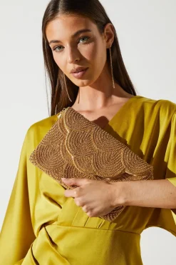 Pearl Beaded Scallop Clutch Bag With Shoulder Strap