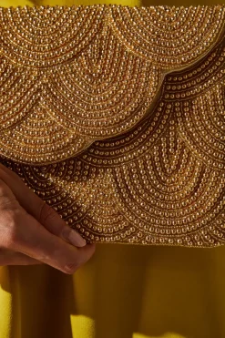Pearl Beaded Scallop Clutch Bag With Shoulder Strap