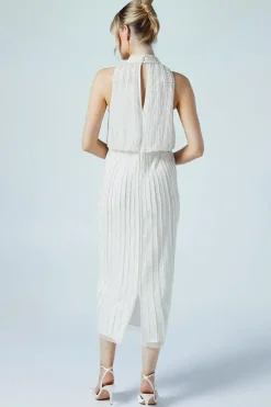 Pearl Detail High Neck Embellished Bridal Midi Dress