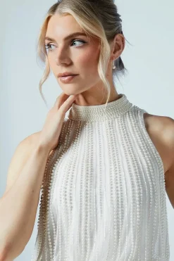 Pearl Detail High Neck Embellished Bridal Midi Dress
