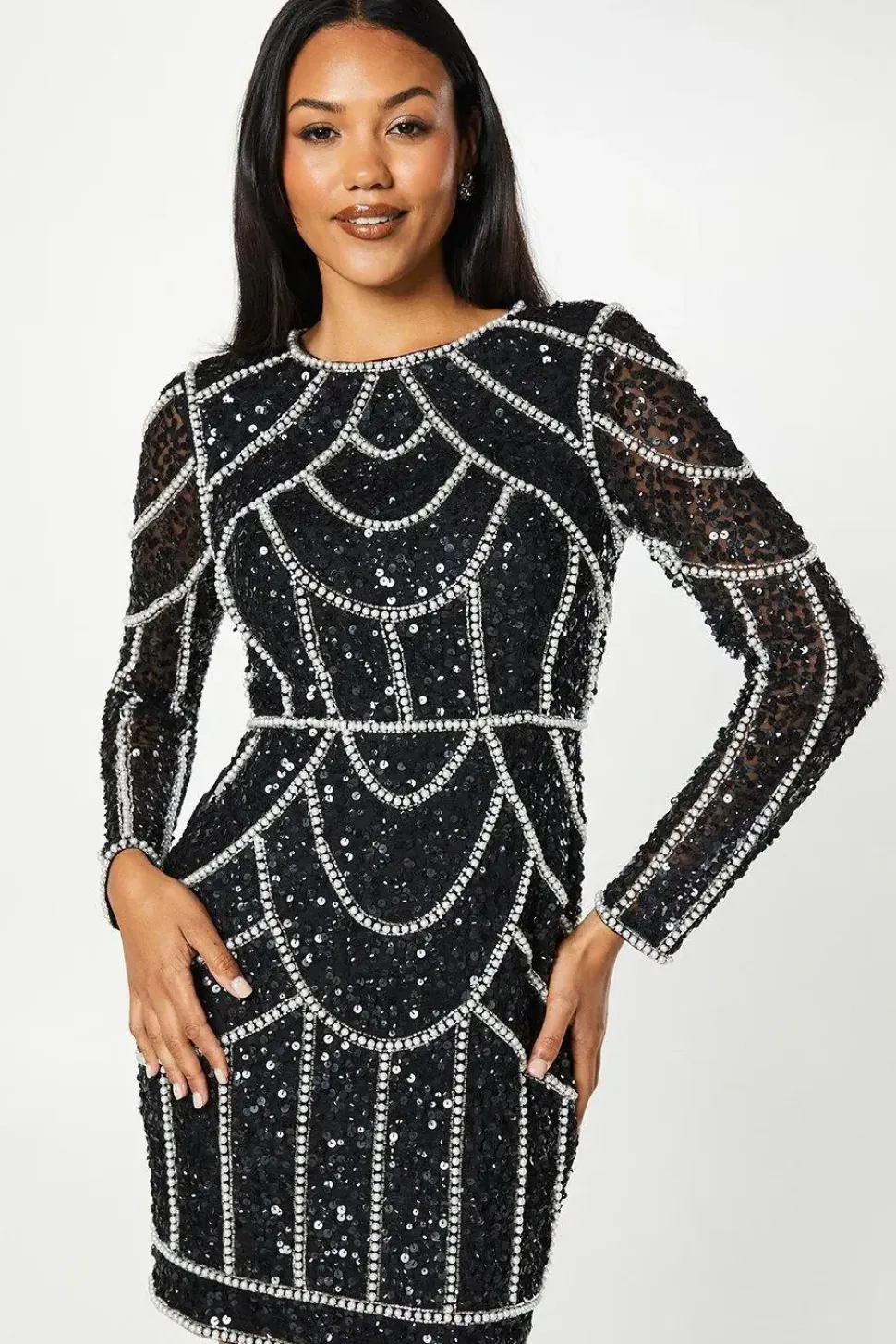 Pearl Detail Mini Dress With Long Sleeve