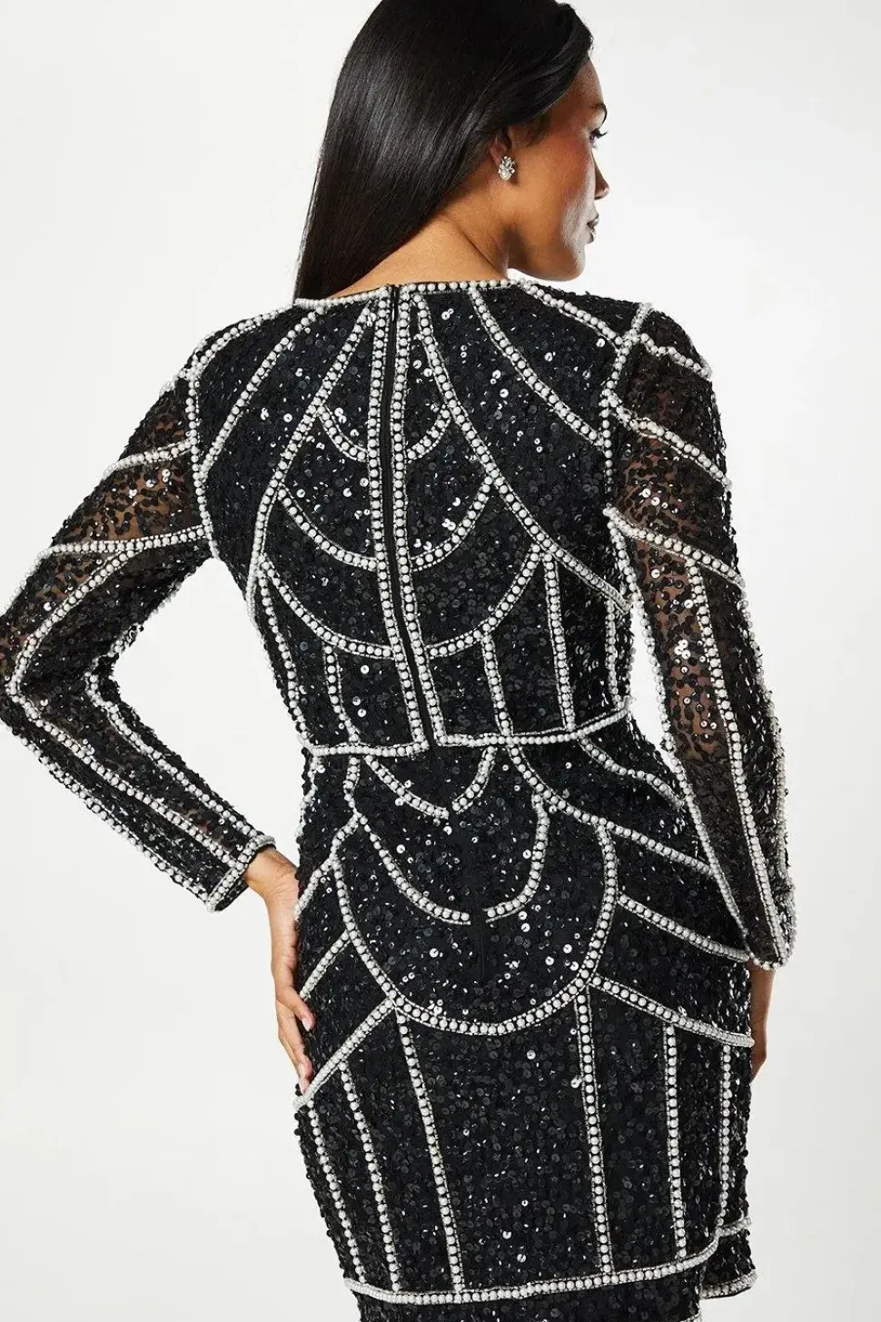 Pearl Detail Mini Dress With Long Sleeve