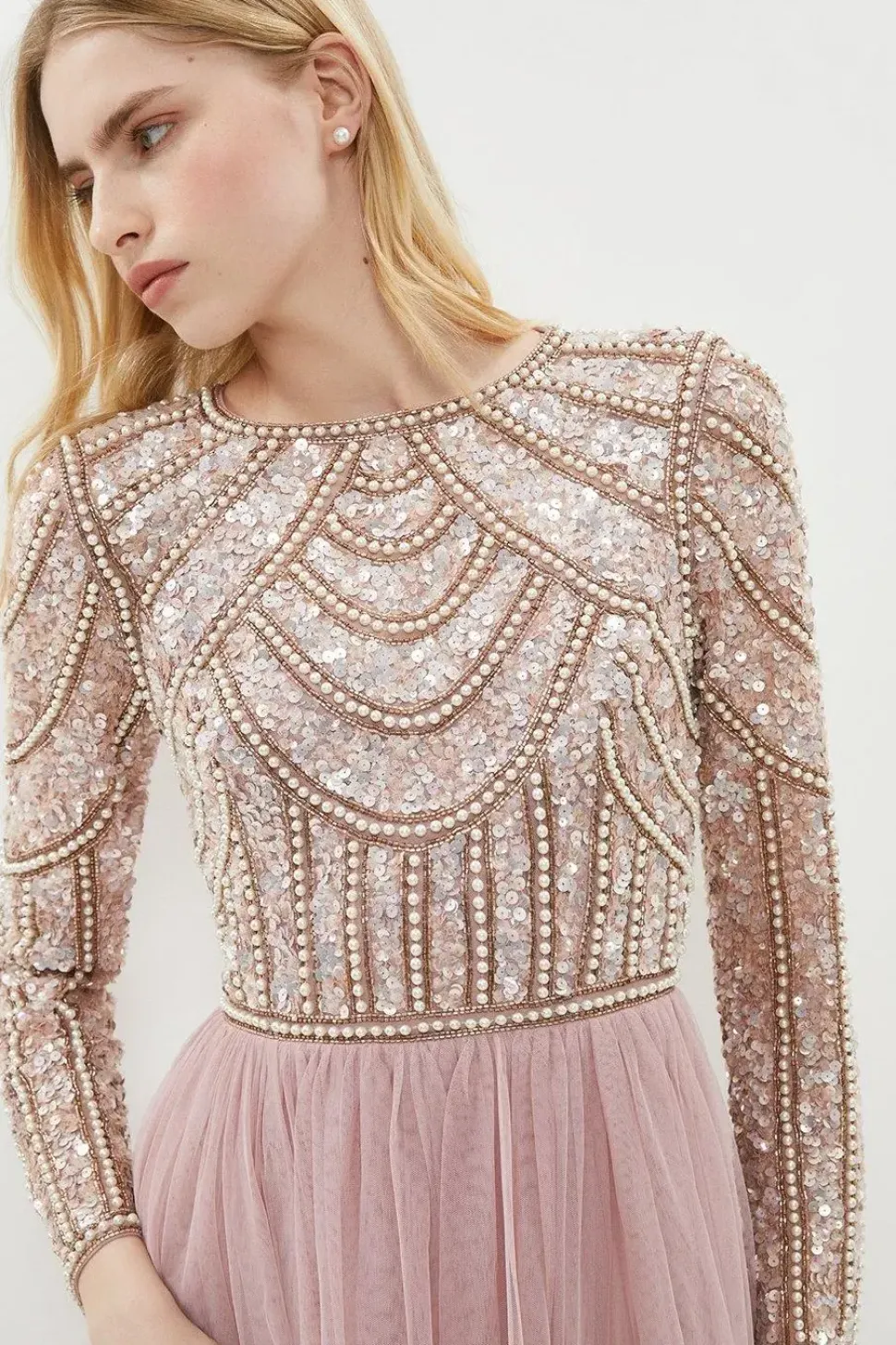 Pearl Embellished Bodice Bridesmaid Tulle Skirt Dress