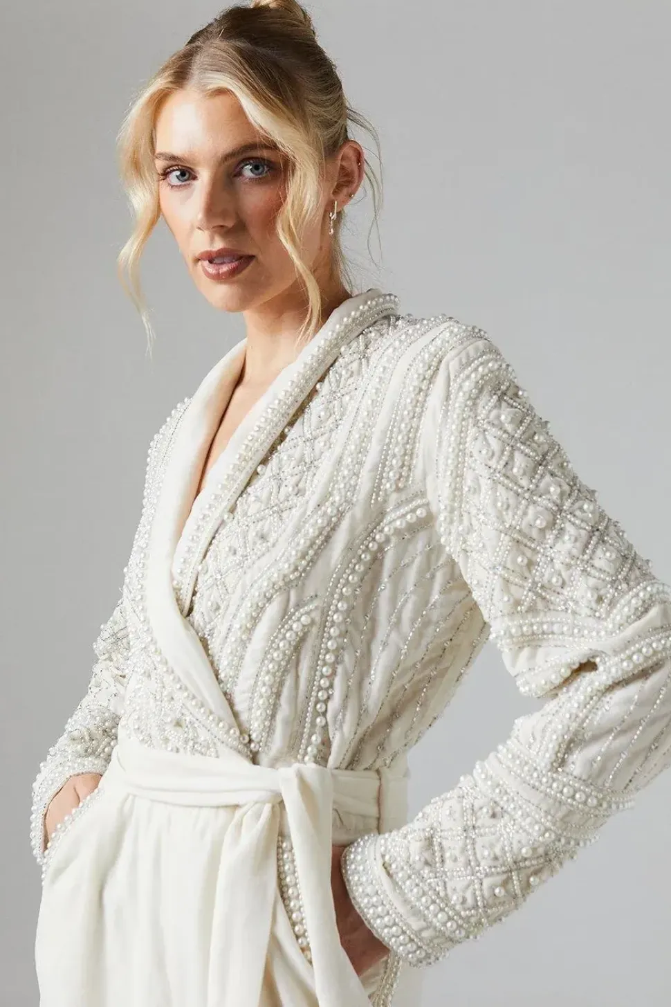 Pearl Embellished Bodice Velvet Bridal Jumpsuit