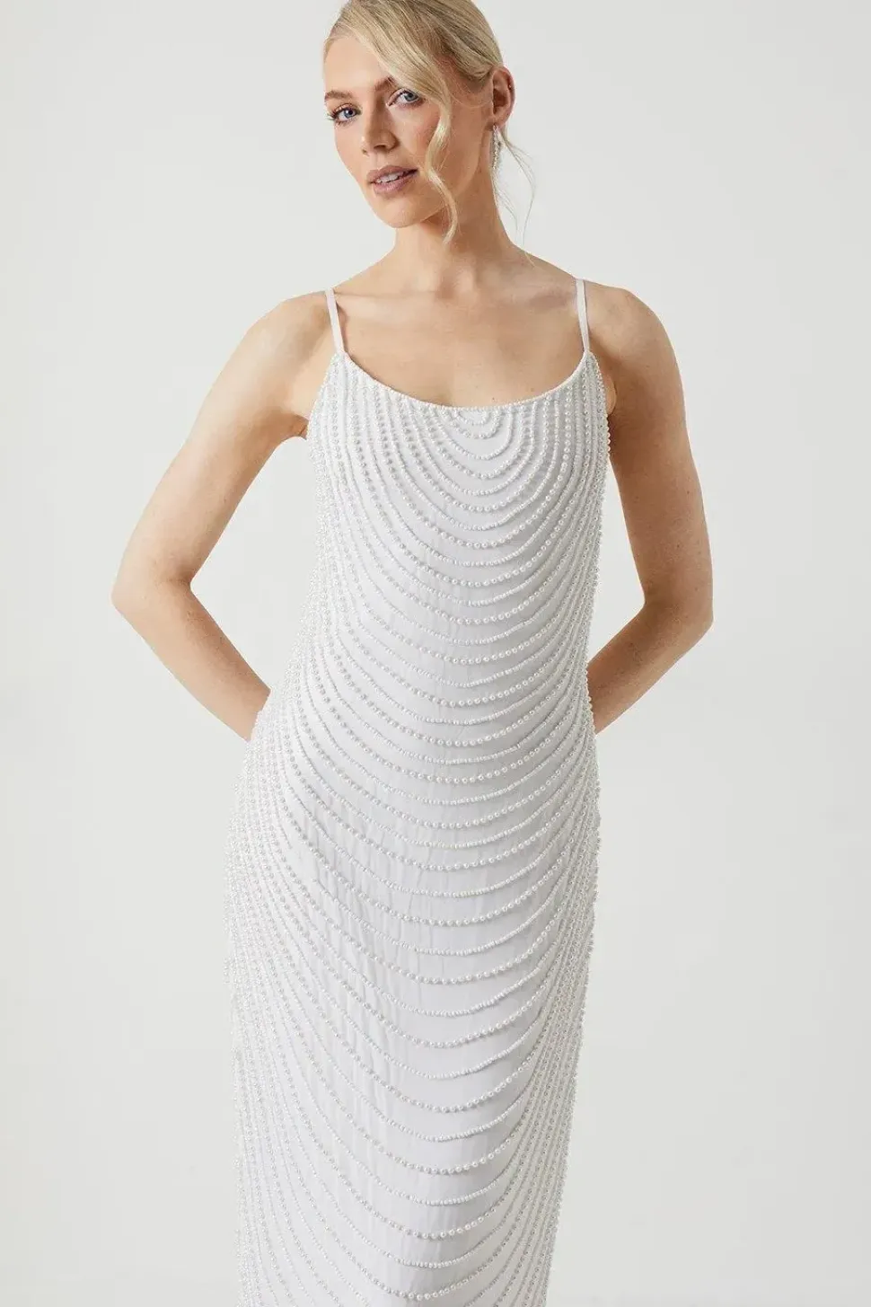 Pearl Embellished Cowl Neck Wedding Dress
