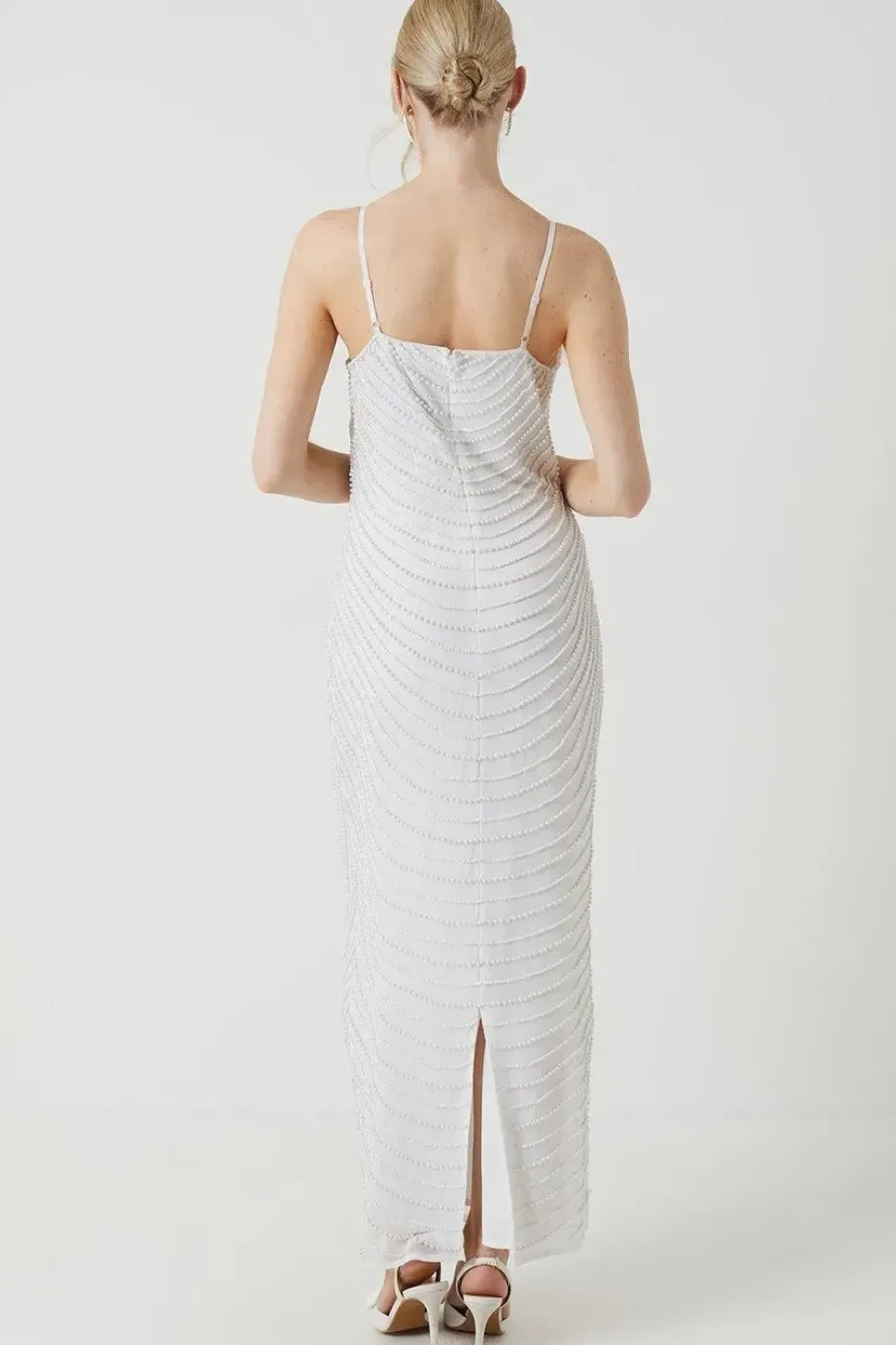Pearl Embellished Cowl Neck Wedding Dress