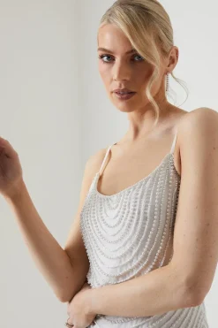 Pearl Embellished Cowl Neck Wedding Dress