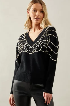 Pearl Embellished V Neck Knitted Jumper