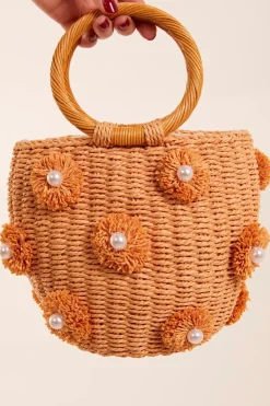 Pearl Pompom Mini Woven Handbag