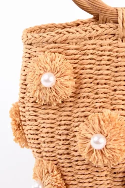 Pearl Pompom Mini Woven Handbag