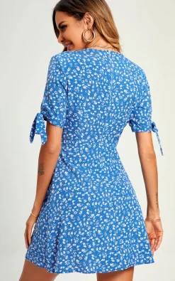 Peaty Floral Dot Print Mini Wrap Dress In Blue