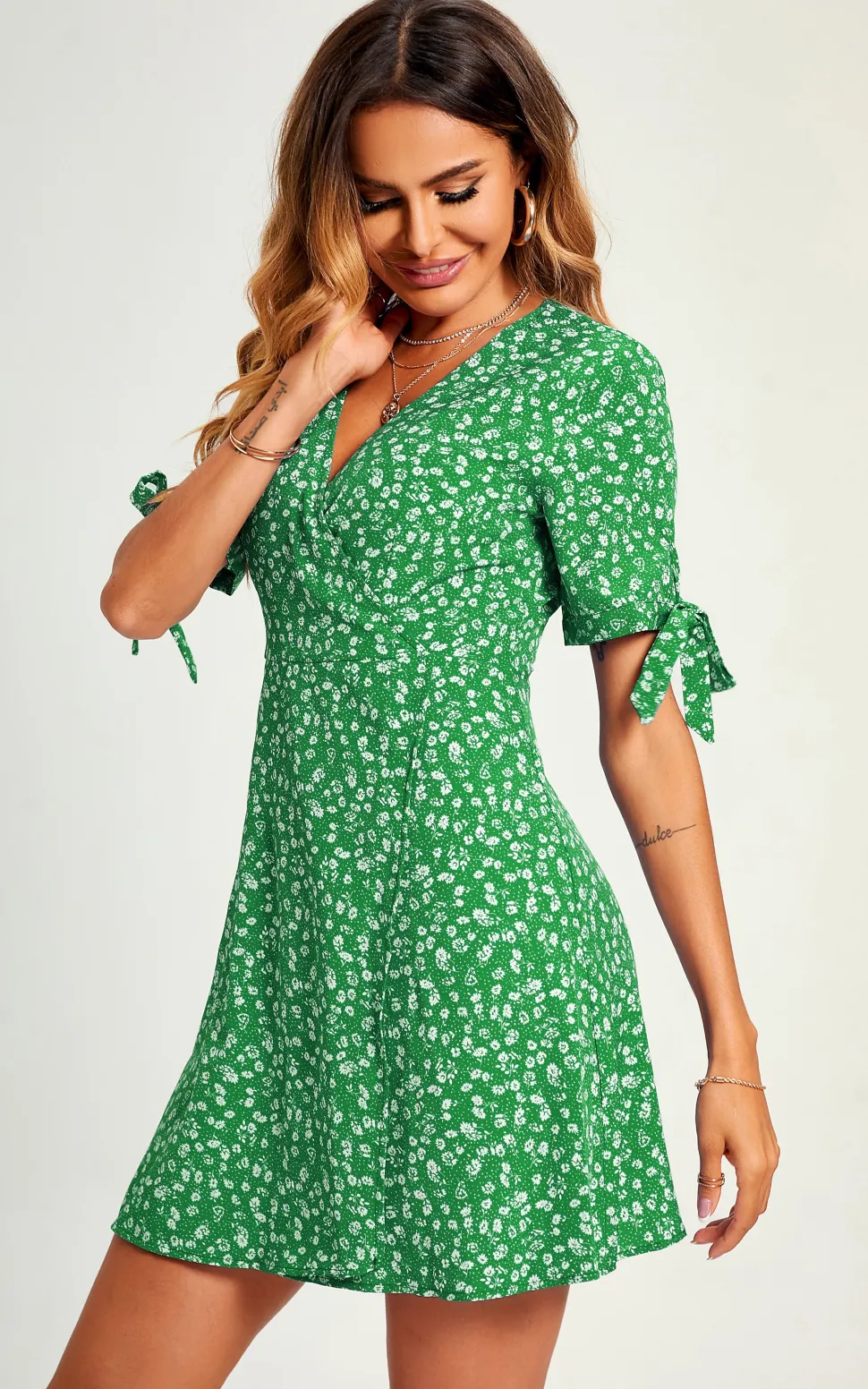 Peaty Floral Dot Print Mini Wrap Dress In Green