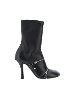 Peep Heeled Ankle Boots with Leather Stiletto Heel and Zipper Detail