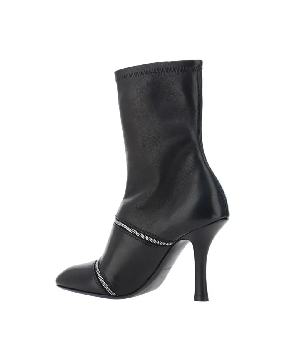 Peep Heeled Ankle Boots with Leather Stiletto Heel and Zipper Detail