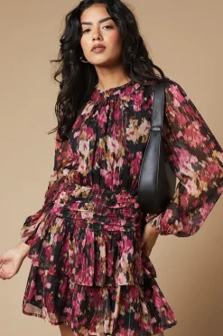 Petite Abstract Metallic Chiffon Tiered Mini Dress