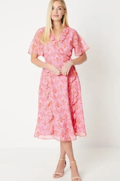 Petite Abstract Print Flutter Sleeve Ruffle Midi Dress