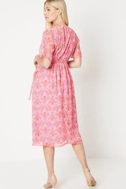 Petite Abstract Print Flutter Sleeve Ruffle Midi Dress