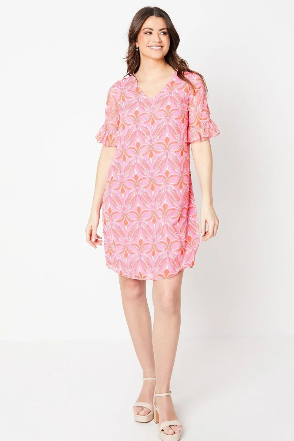 Petite Abstract Print Flutter Sleeve Tie Back Shift Dress