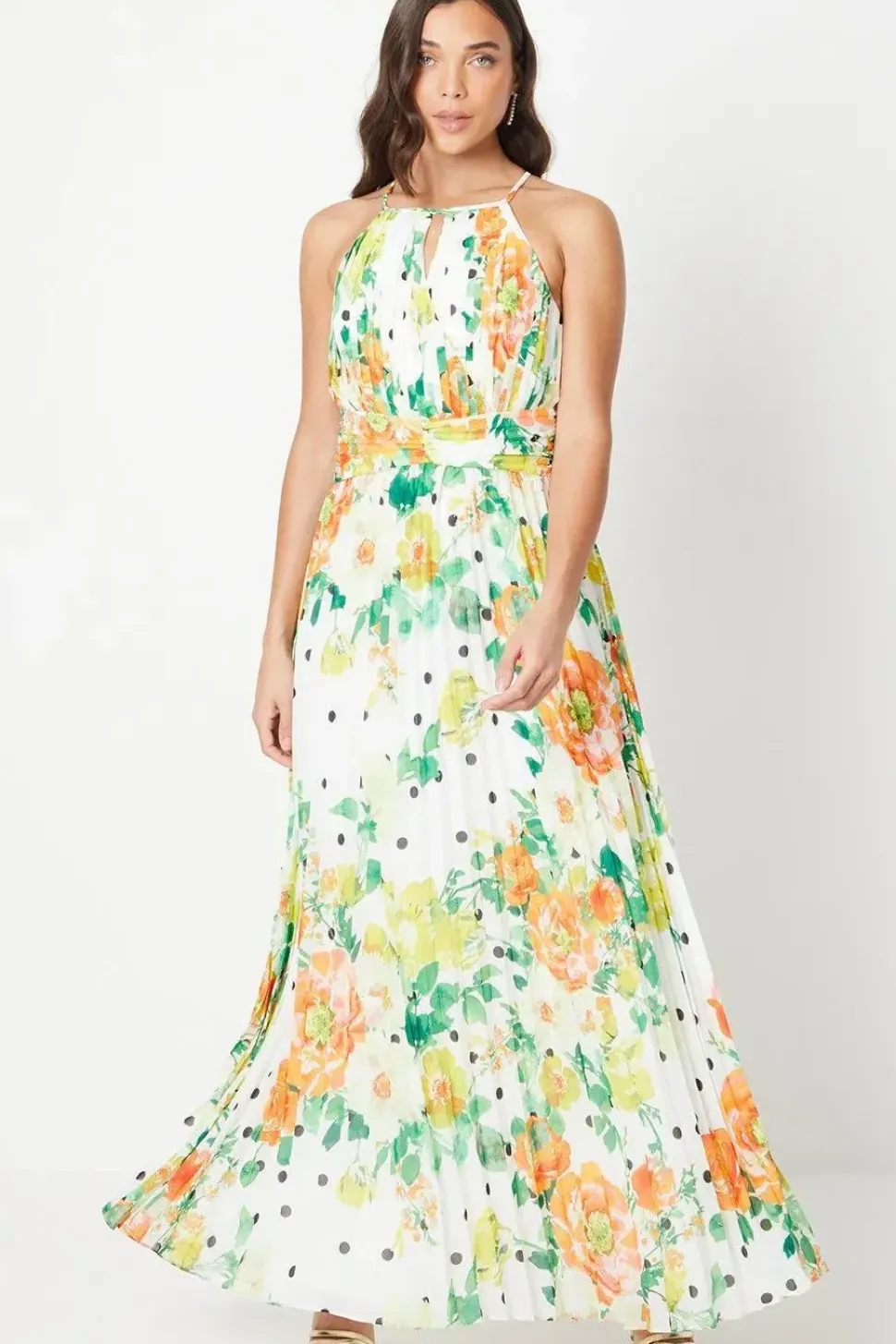 Petite All Over Pleated Georgette Halter Neck Maxi Dress