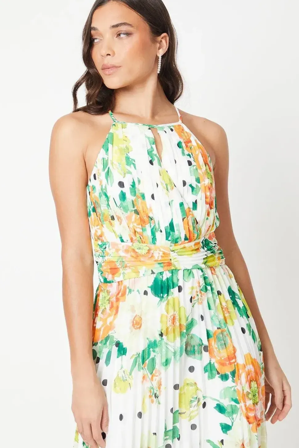 Petite All Over Pleated Georgette Halter Neck Maxi Dress