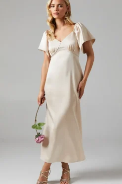 Petite Angel Sleeve Satin Bridesmaids Midi Dress