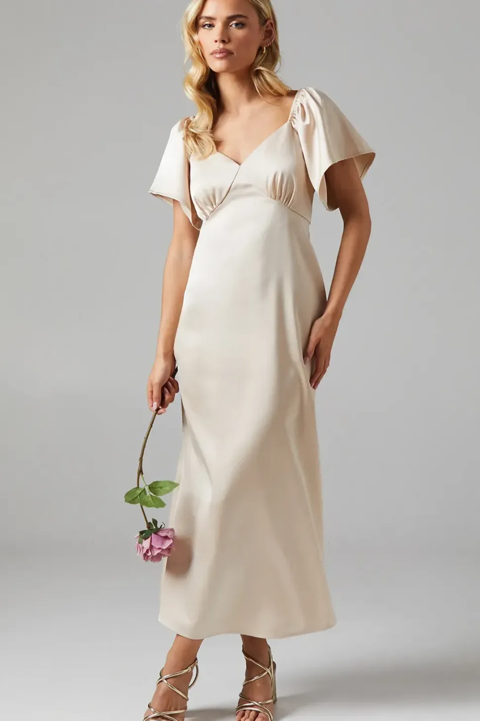 Petite Angel Sleeve Satin Bridesmaids Midi Dress