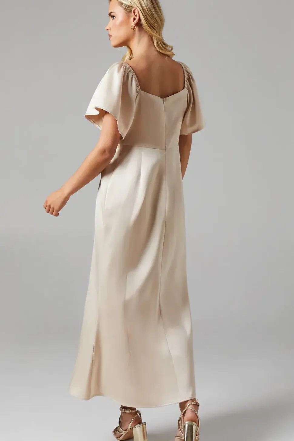 Petite Angel Sleeve Satin Bridesmaids Midi Dress