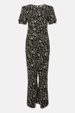 Petite Animal Printed Crepe Belted Jumpsuit