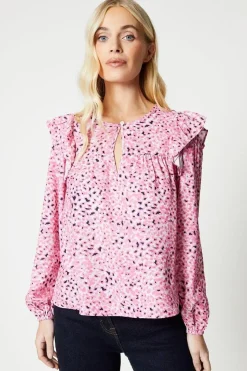 Petite Animal Print Frill Shoulder Blouse