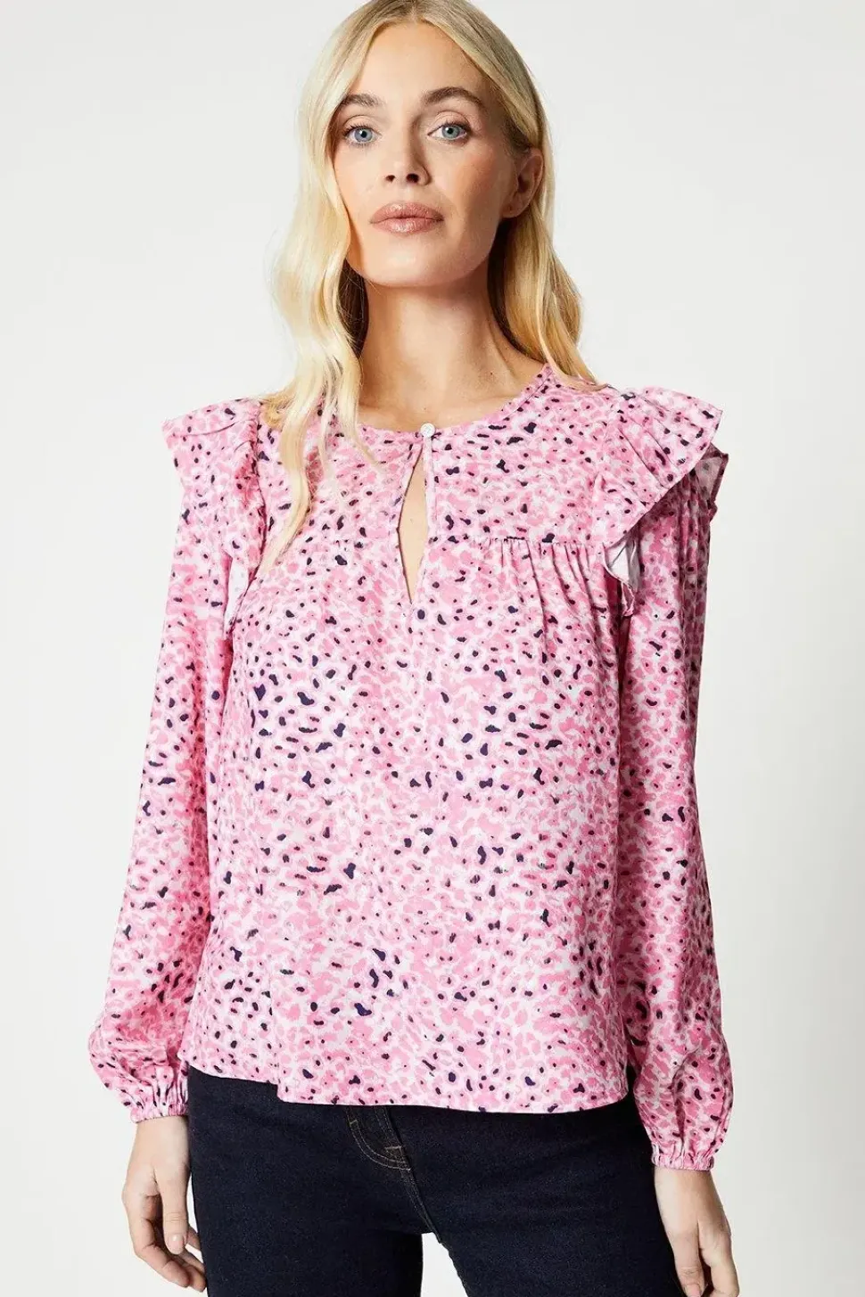 Petite Animal Print Frill Shoulder Blouse