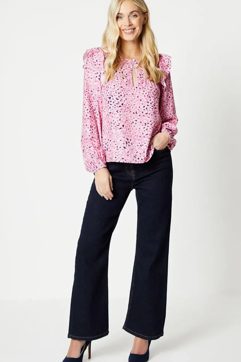 Petite Animal Print Frill Shoulder Blouse
