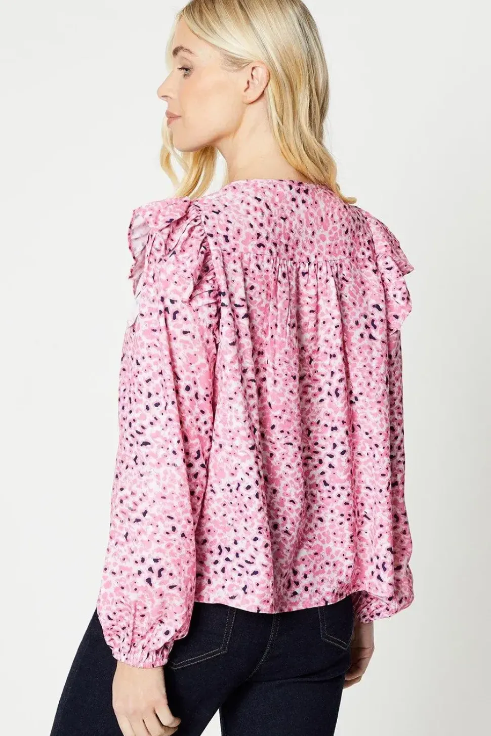 Petite Animal Print Frill Shoulder Blouse