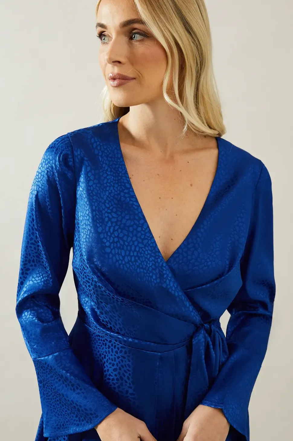 Petite Animal Satin Jacquard Wrap Midi Dress