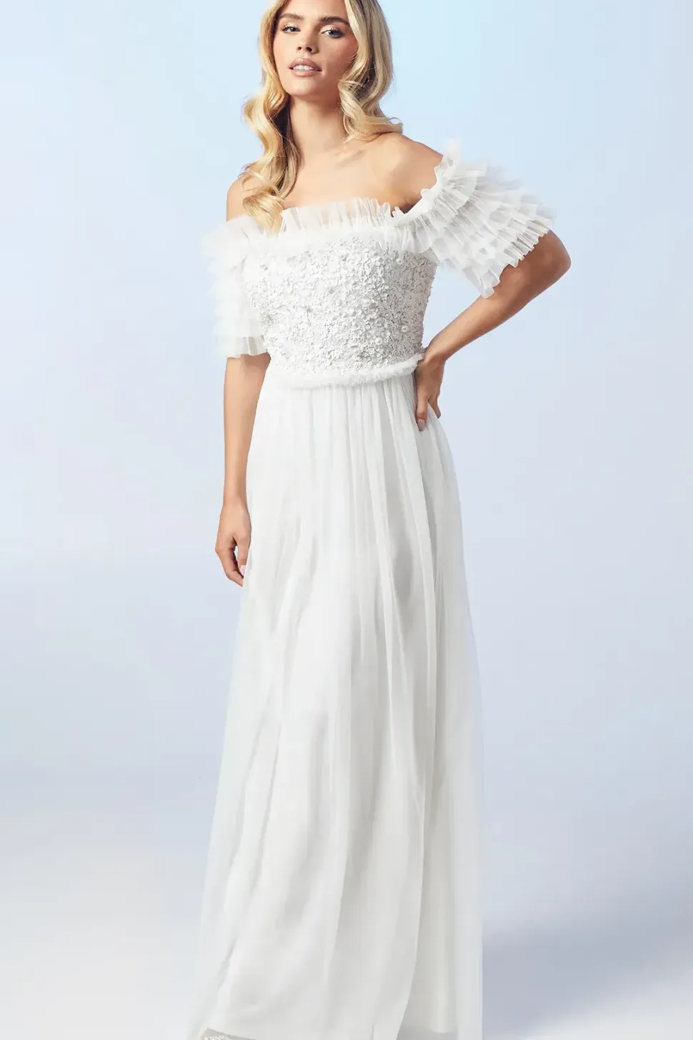 Petite Bardot Mesh And Sequin Ruffle Wedding Dress