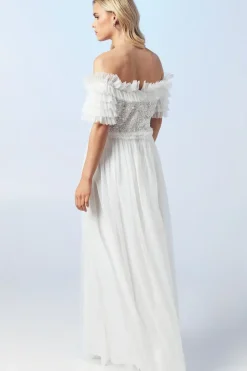Petite Bardot Mesh And Sequin Ruffle Wedding Dress