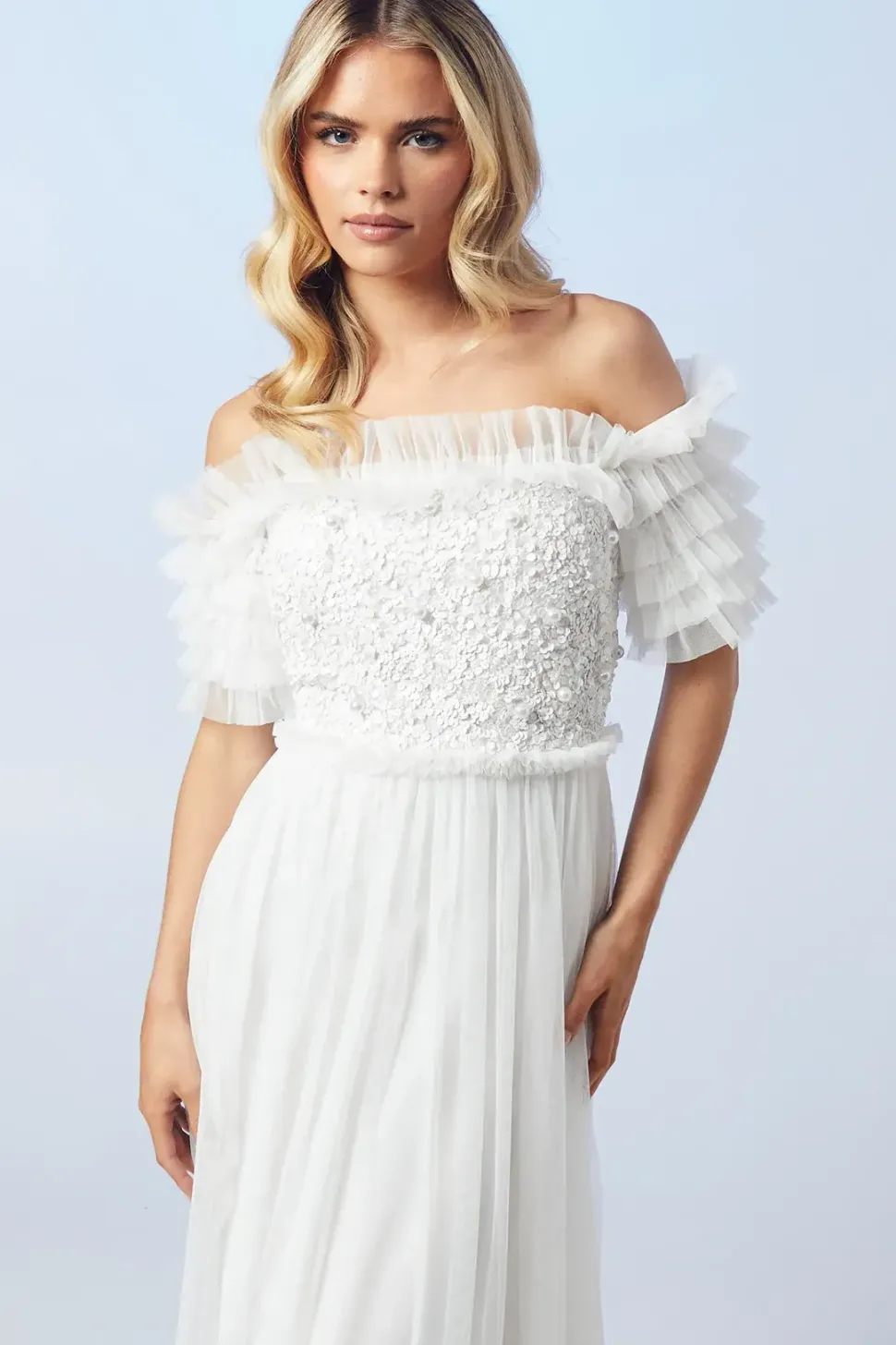 Petite Bardot Mesh And Sequin Ruffle Wedding Dress