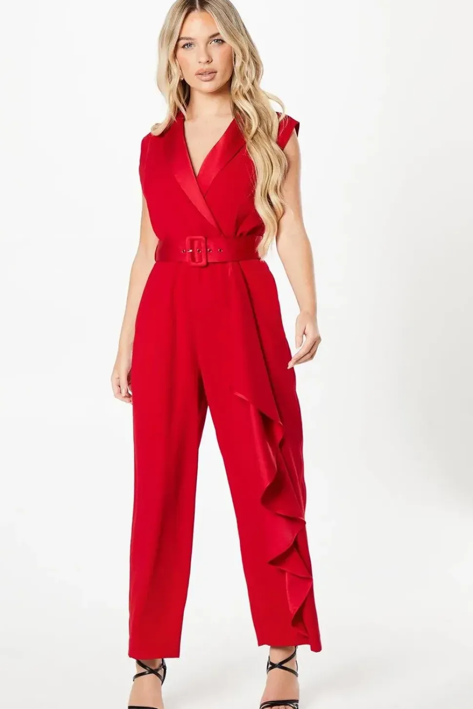 Petite Belted Tuxedo Jumpsuit With Waterfall Ruffle