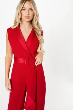 Petite Belted Tuxedo Jumpsuit With Waterfall Ruffle