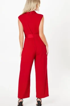 Petite Belted Tuxedo Jumpsuit With Waterfall Ruffle