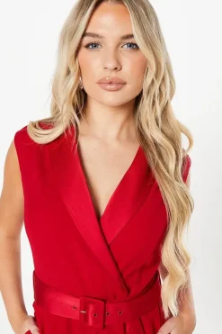 Petite Belted Tuxedo Jumpsuit With Waterfall Ruffle