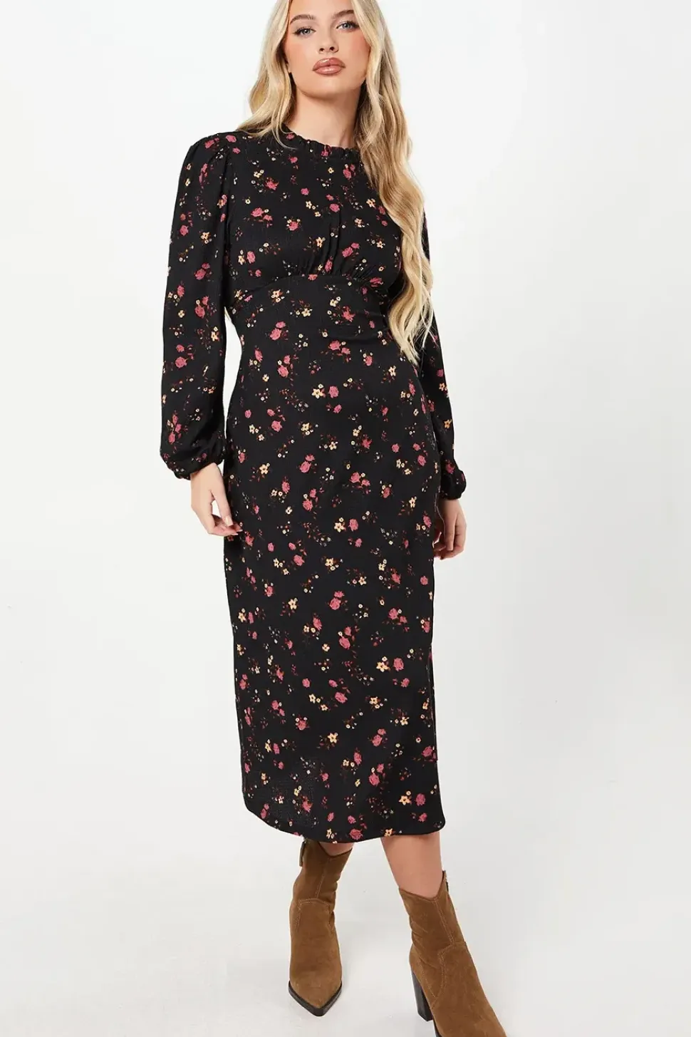 Petite Berry Ditsy Frill Shoulder Midi Dress