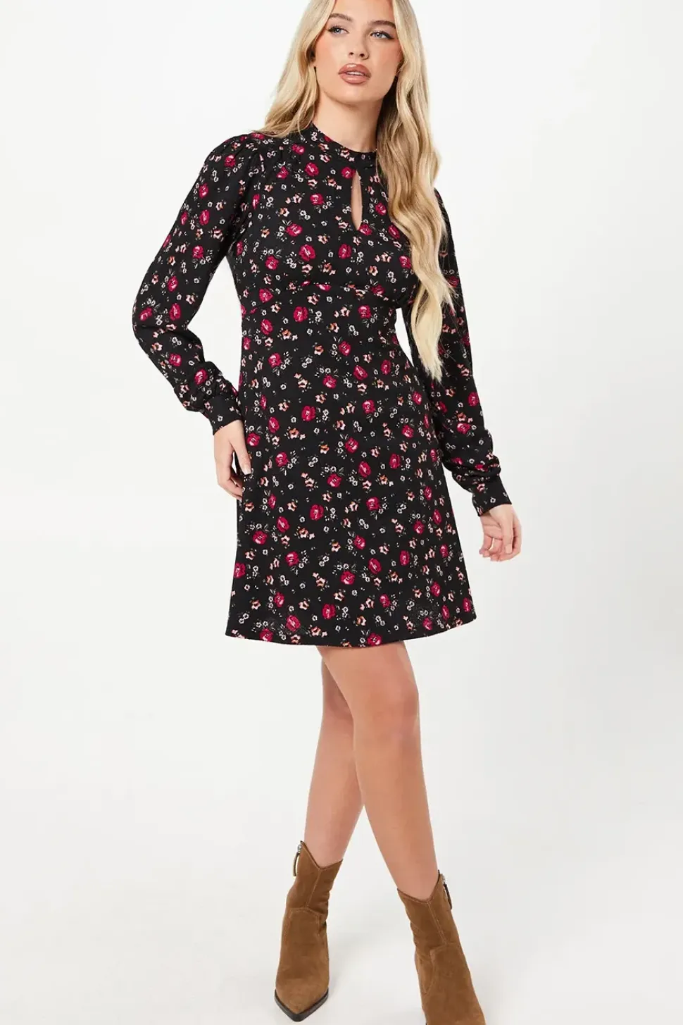 Petite Berry Ditsy Keyhole Mini Dress