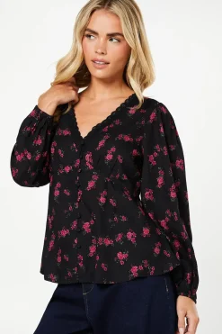 Petite Berry Ditsy Long Sleeve Lace Trim Button Front Tea Blouse
