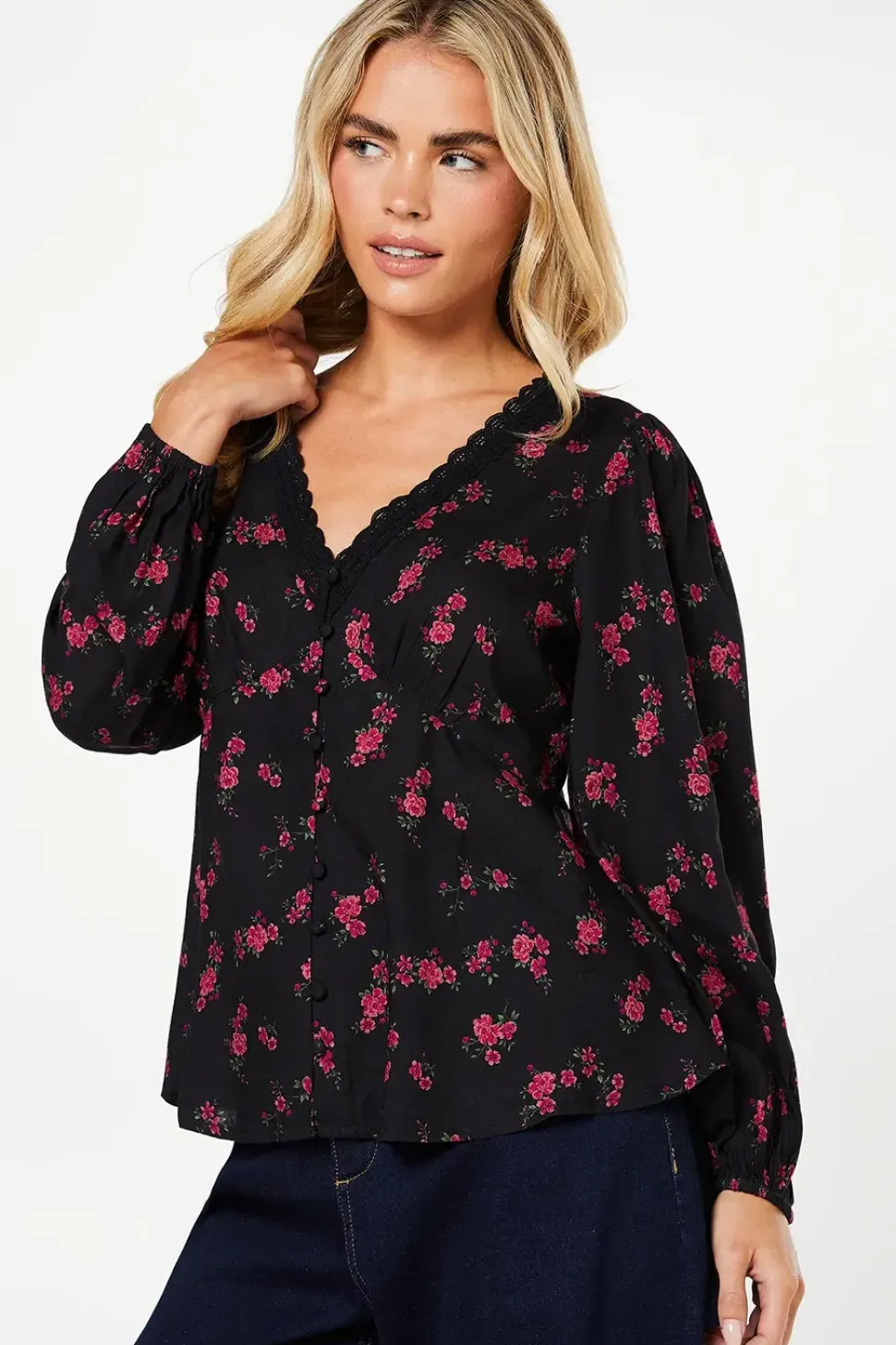 Petite Berry Ditsy Long Sleeve Lace Trim Button Front Tea Blouse