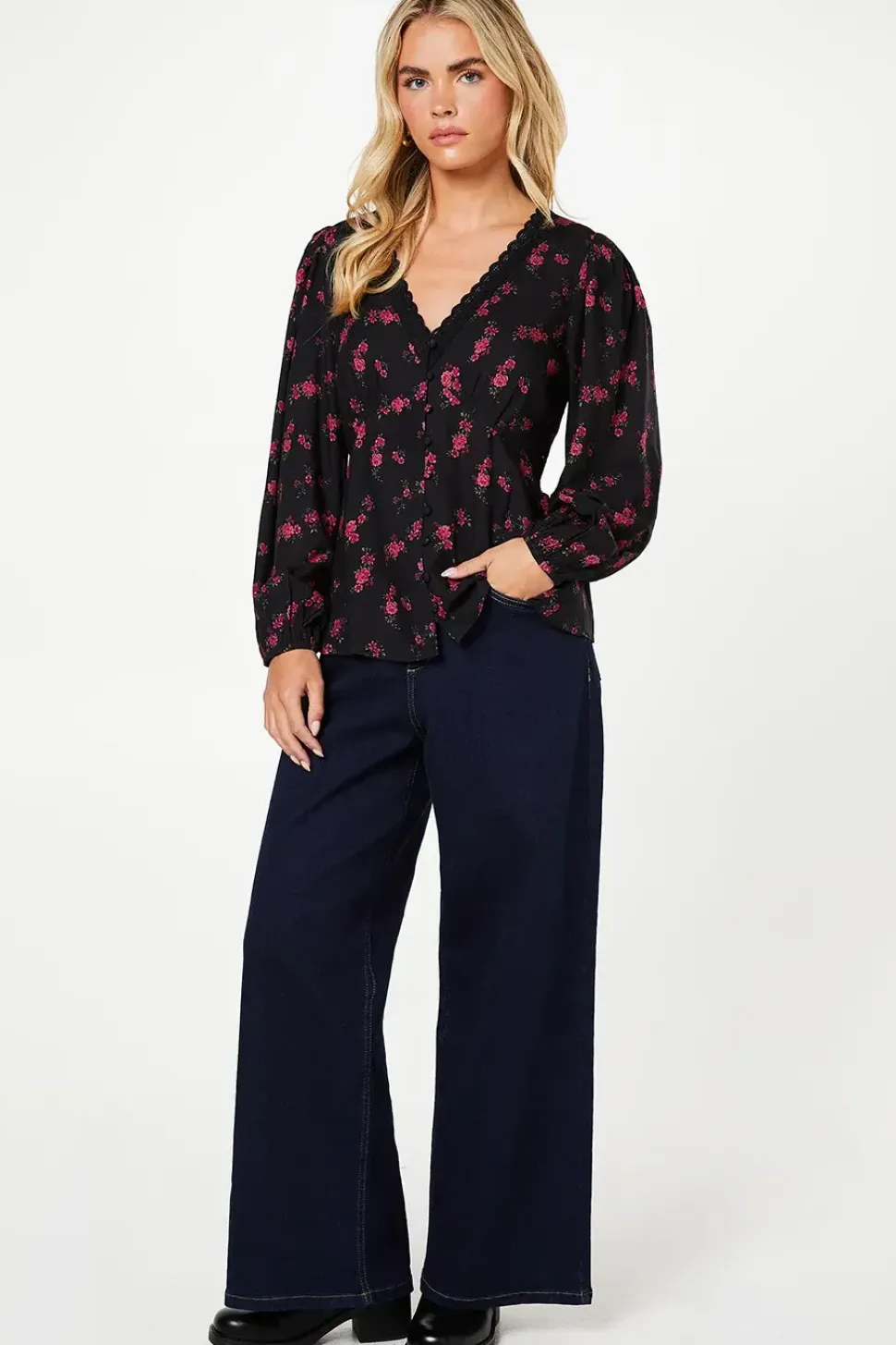 Petite Berry Ditsy Long Sleeve Lace Trim Button Front Tea Blouse